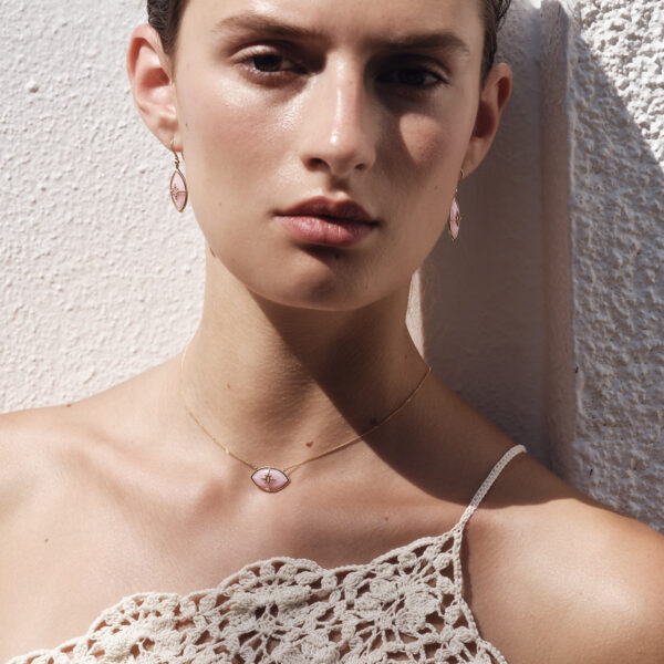 Alternative view of PARADISO PERDUTO - Solid Gold Eye Necklace, Pink Opal & Diamonds