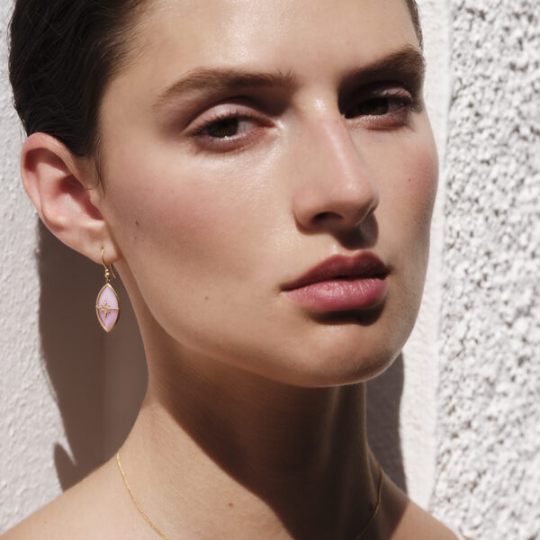 Alternative view of PARADISO PERDUTO - Solid Gold Eye Earrings, Pink Opal & Diamonds