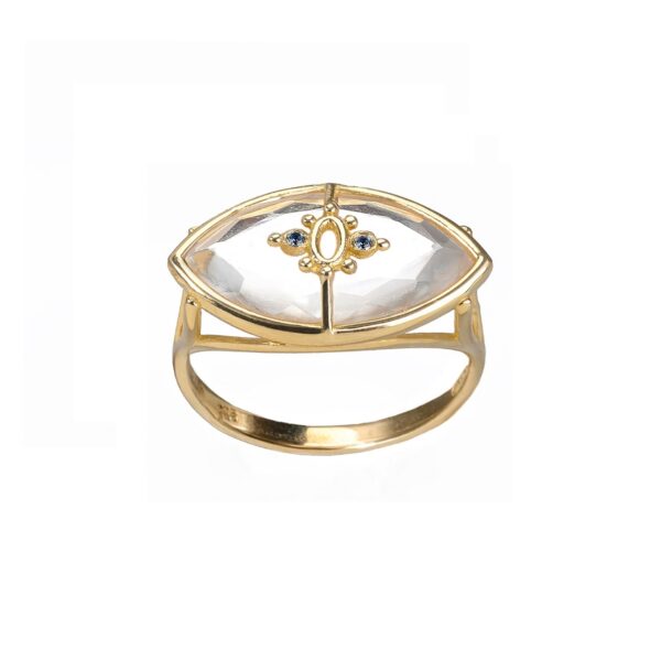 PARADISO PERDUTO - Solid Gold Eye Ring, Crystal Quartz & Sapphires