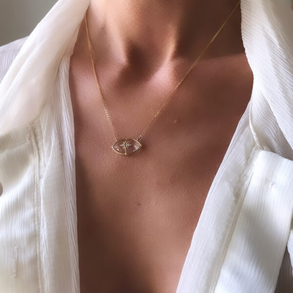 Alternative view of PARADISO PERDUTO - Solid Gold Eye Necklace, Crystal quartz & Diamonds