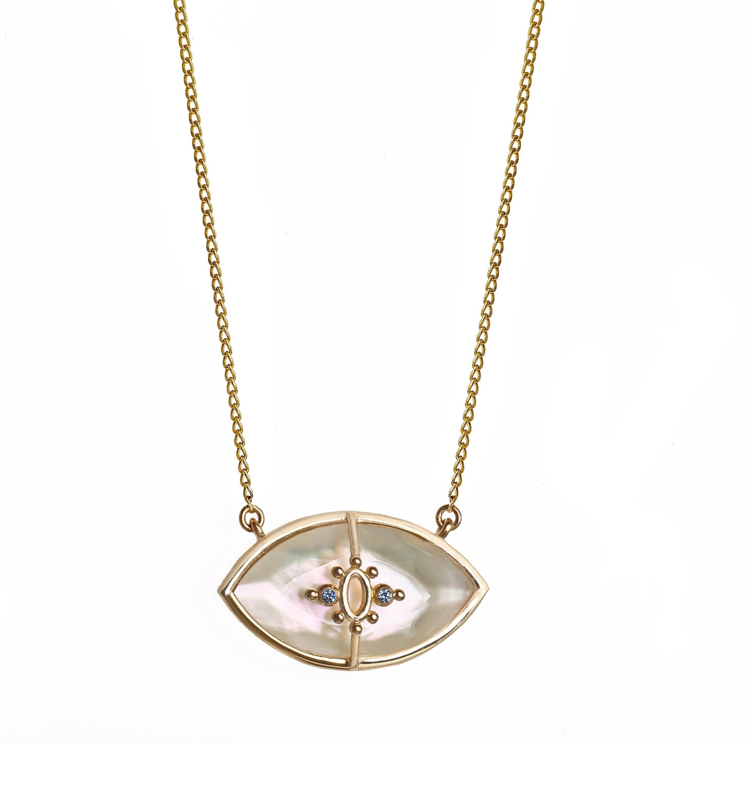 PARADISO PERDUTO - Solid Gold Eye Necklace, Mother of Pearl & Sapphires