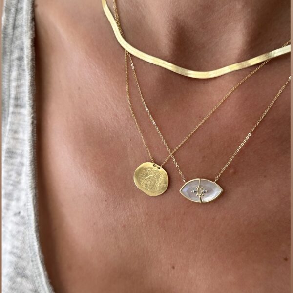 Alternative view of PARADISO PERDUTO - Solid Gold Eye Necklace, Mother of Pearl & Sapphires