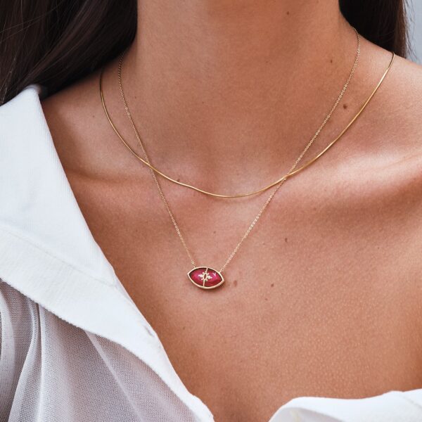 Alternative view of PARADISO PERDUTO - Solid Gold Eye Necklace, Ruby & Diamonds
