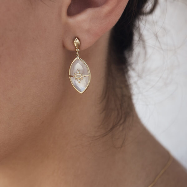 Alternative view of PARADISO PERDUTO - Solid Gold Eye Earrings, Mother of Pearl & Diamonds