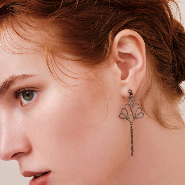 Alternative view of MADAME PEACOCK Earrings with chain- Pl. Silver