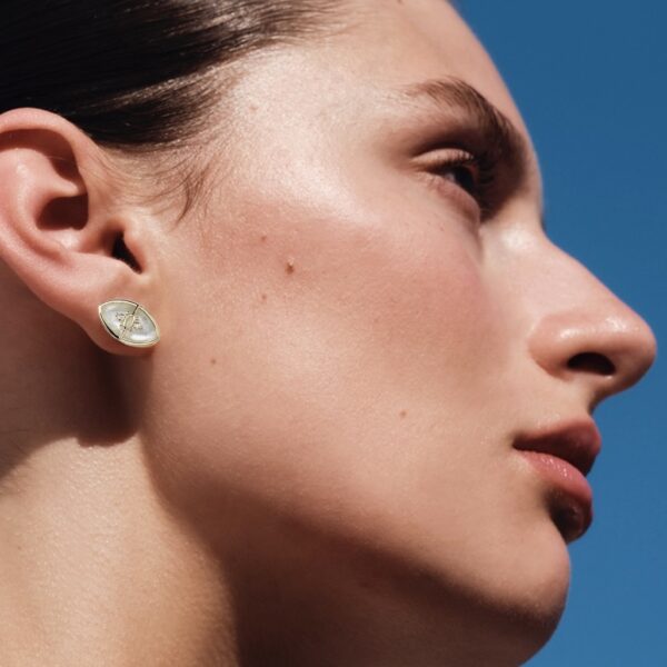 Alternative view of PARADISO PERDUTO - Mini Solid Gold Eye Earrings, Mother of Pearl & Diamonds