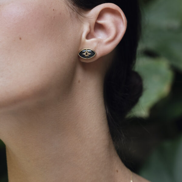 Alternative view of PARADISO PERDUTO - Mini Solid Gold Eye Earrings, Specular Hematite & Diamonds