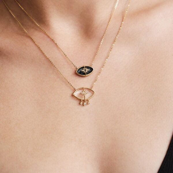 Alternative view of PARADISO PERDUTO LACRIME - Solid Gold Eye Necklace, Crystal quartz & Diamonds