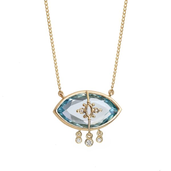 PARADISO PERDUTO LACRIME - Solid Gold Eye Necklace, Blue topaz & Diamonds