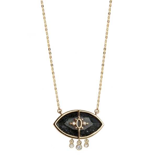 Alternative view of PARADISO PERDUTO LACRIME - Solid Gold Eye Necklace, Specular Hematite & Diamonds