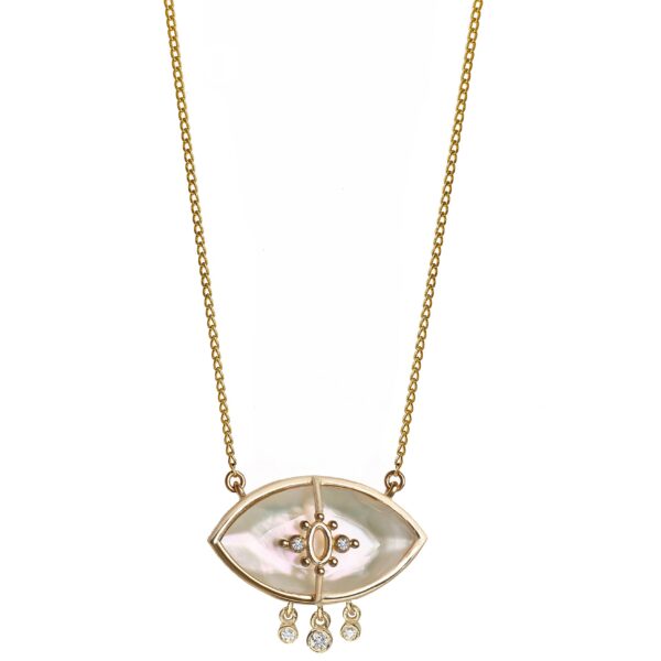 Alternative view of PARADISO PERDUTO LACRIME - Solid Gold Eye Necklace, Mother of Pearl & Diamonds