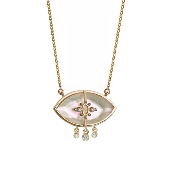 PARADISO PERDUTO LACRIME - Solid Gold Eye Necklace, Mother of Pearl & Diamonds
