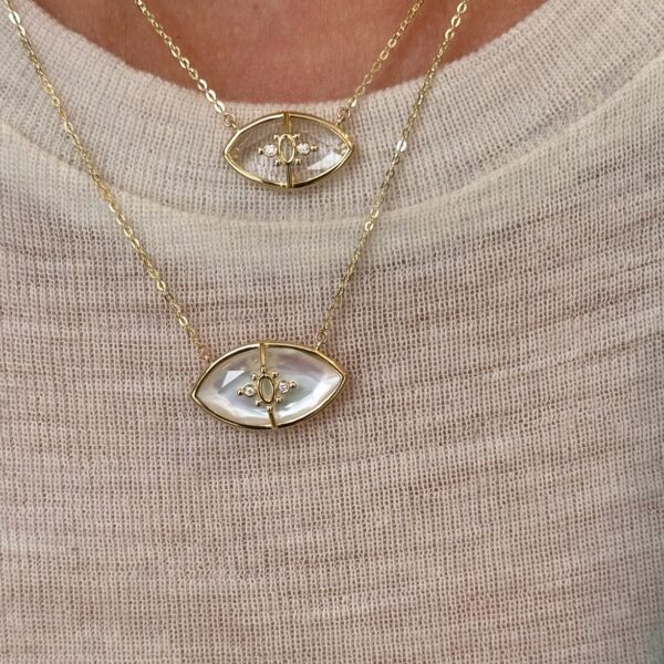 Alternative view of PARADISO PERDUTO PICCOLO - Solid Gold Eye Necklace, Crystal quartz & Diamonds