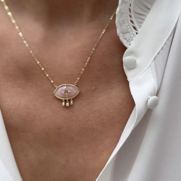 Alternative view of PARADISO PERDUTO LACRIME - Solid Gold Eye Necklace, Pink opal & Diamonds