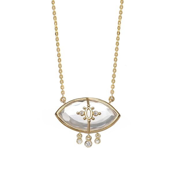 PARADISO PERDUTO LACRIME - Solid Gold Eye Necklace, Crystal quartz & Diamonds
