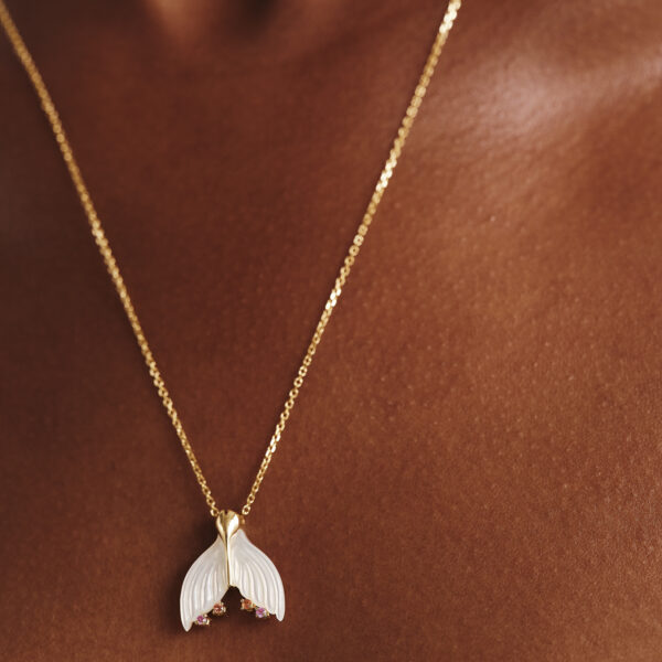 Alternative view of MERMAID MAJESTÉ- Solid Gold Necklace, Mother of Pearl, Pink & Orange Sapphires